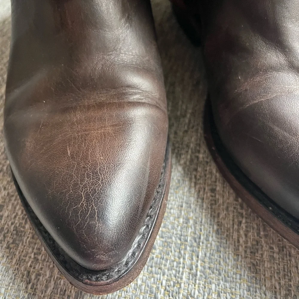 Frye Dark Brown Leather Ankle Boots with Strap Detail